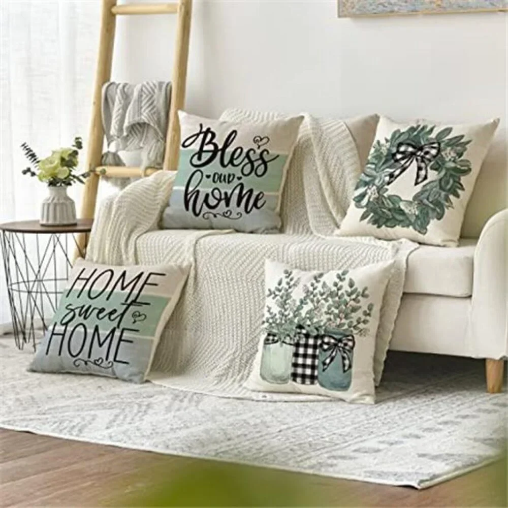 4 Pack Fall Sweet Home Eucalyptus Lamb Ear Wreath Throw Pillow Covers NO INSERT